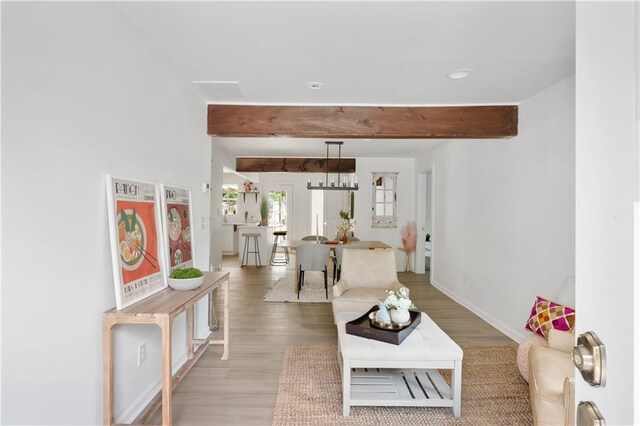 living room featuring beamed ceiling and wood-type flooring