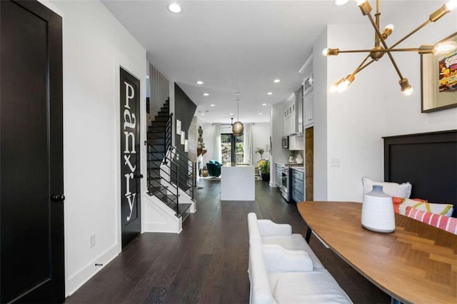 2328 Mason Dr, Atlanta, GA 30316 - dining room with dark wood-type flooring, recessed lighting, a chandelier, and stairs