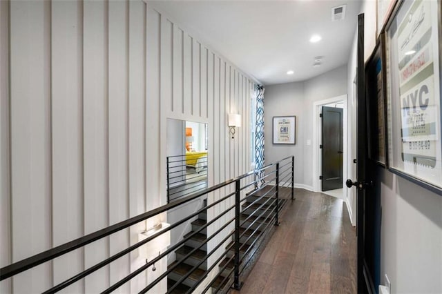 2328 Mason Dr, Atlanta, GA 30316 - hall featuring visible vents, baseboards, an upstairs landing, dark wood-style floors, and recessed lighting