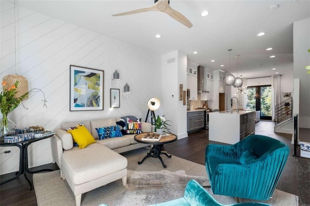 2328 Mason Dr, Atlanta, GA 30316 - living room with dark wood-type flooring, ceiling fan, and recessed lighting