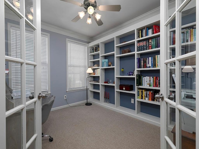 1535 Justine Way SE, Mableton, GA 30126 - office featuring carpet, baseboards, ceiling fan, and crown molding