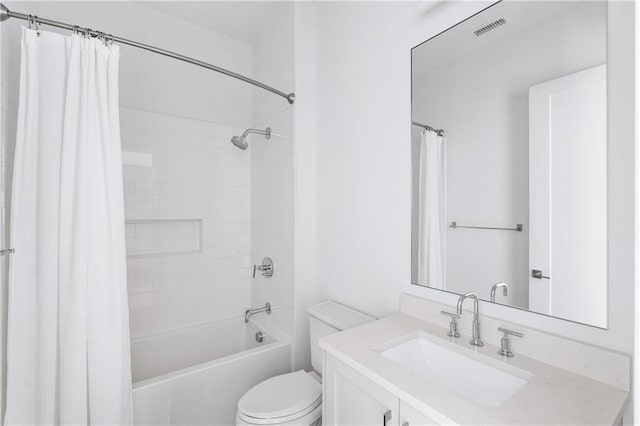 full bathroom with vanity, toilet, and shower / bath combo with shower curtain