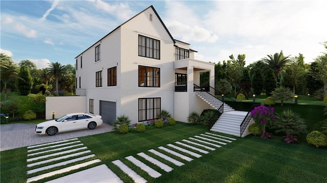 view of front of home featuring a garage, stairs, a front lawn, and stucco siding