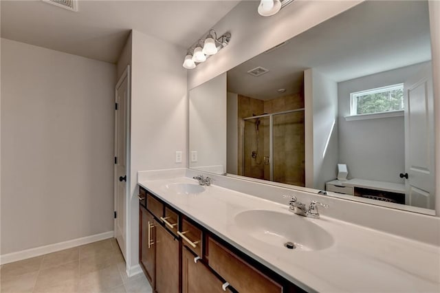5215 Wheeler Run Dr, Auburn, GA 30011 - full bath featuring double vanity, a shower stall, baseboards, and tile patterned flooring
