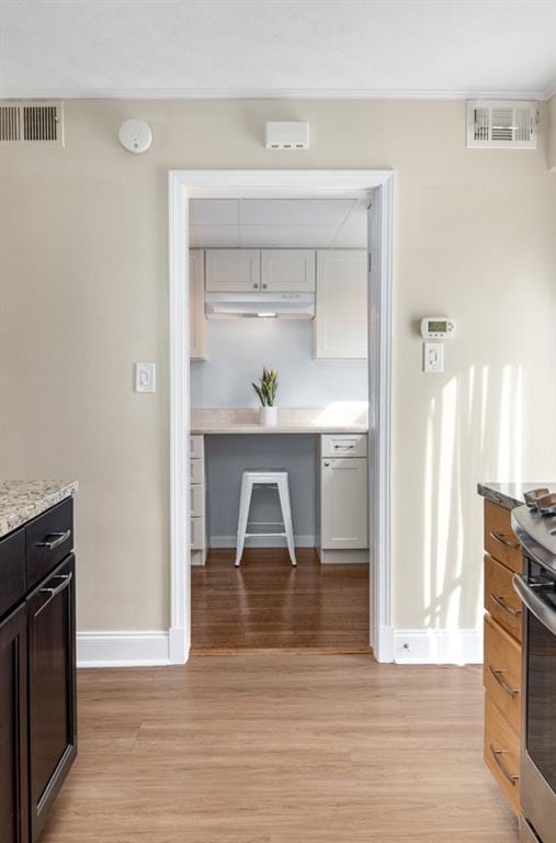 kitchen featuring white cabinetry, light stone countertops, dark brown cabinetry, and light hardwood / wood-style flooring