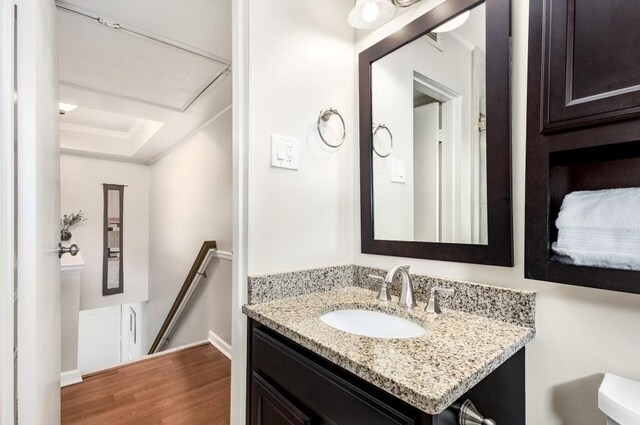 bathroom featuring wood-type flooring, toilet, a raised ceiling, and vanity