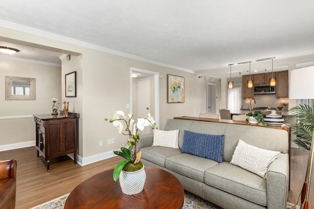 living room featuring crown molding and light hardwood / wood-style flooring