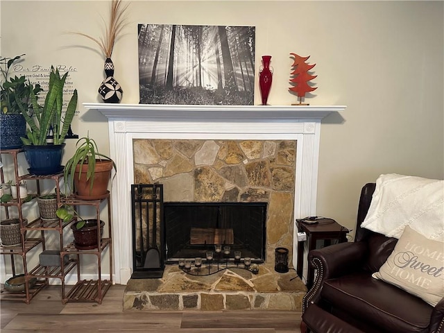 interior details featuring a fireplace and wood-type flooring