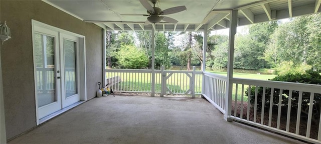 5690 Rutland Trce, Lithonia, GA 30058 - view of patio / terrace featuring a ceiling fan, french doors, and view of scattered trees