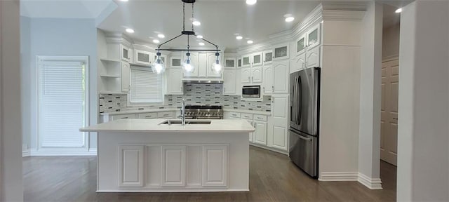 5690 Rutland Trce, Lithonia, GA 30058 - kitchen with stainless steel appliances, open shelves, white cabinetry, light countertops, and recessed lighting