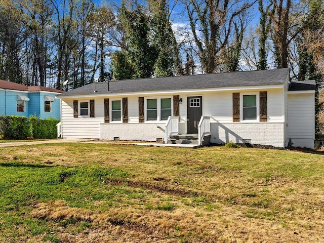 ranch-style house with a front lawn, crawl space, and brick siding