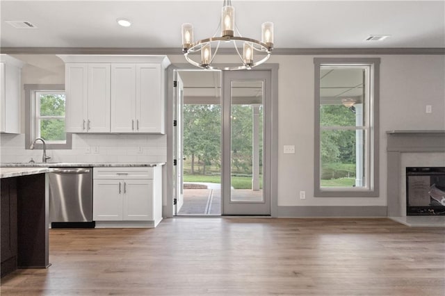 kitchen featuring white cabinetry, dishwasher, sink, and decorative backsplash