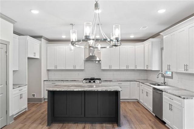 kitchen with a center island, sink, dishwasher, and white cabinets