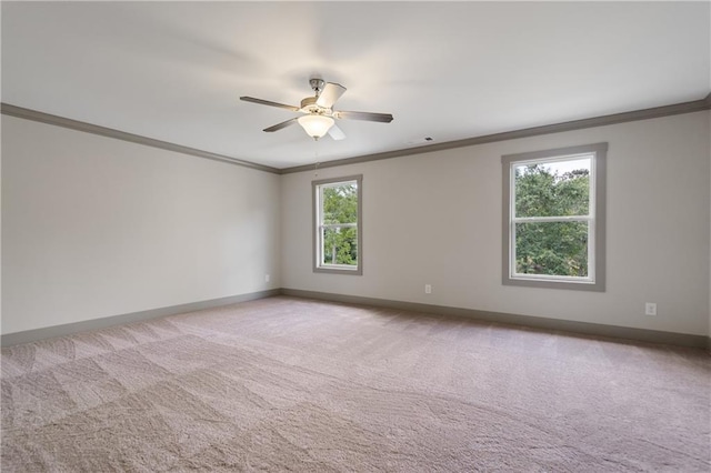 carpeted empty room featuring crown molding and ceiling fan