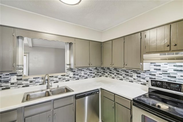 6429 Woodstone Way, Morrow, GA 30260 - kitchen featuring appliances with stainless steel finishes, under cabinet range hood, a sink, and gray cabinetry