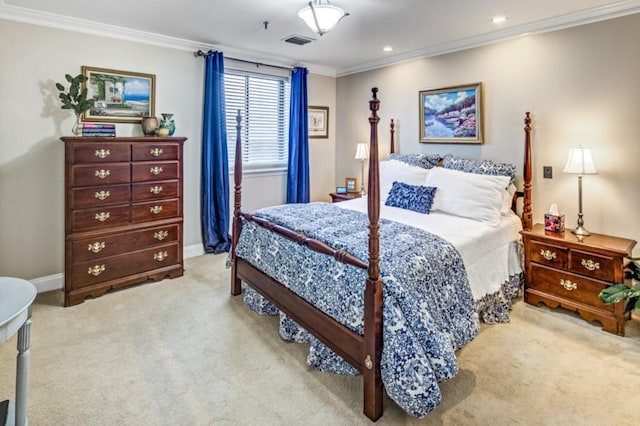 bedroom with light carpet, baseboards, visible vents, and ornamental molding