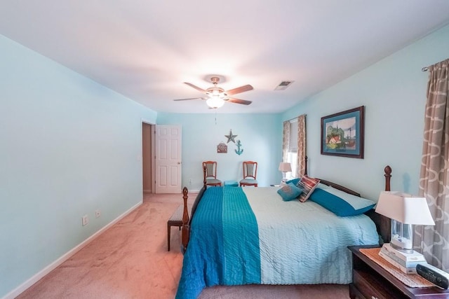 bedroom featuring baseboards, ceiling fan, light carpet, and visible vents
