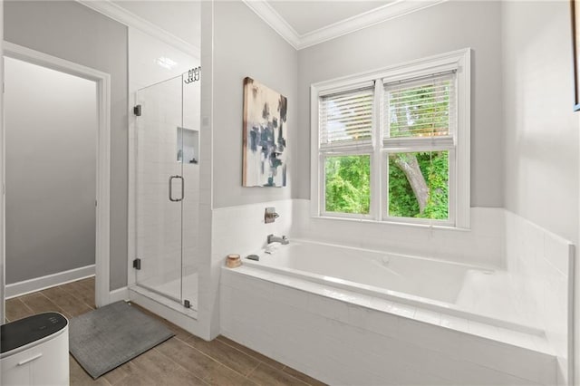 1797 Olive St SE, Atlanta, GA 30315 - bathroom with a stall shower, a bath, wood finished floors, and ornamental molding