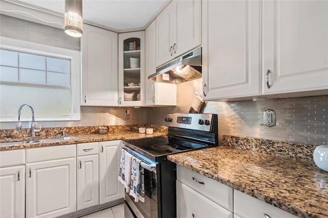 kitchen featuring stainless steel electric range oven, decorative backsplash, under cabinet range hood, white cabinets, and a sink