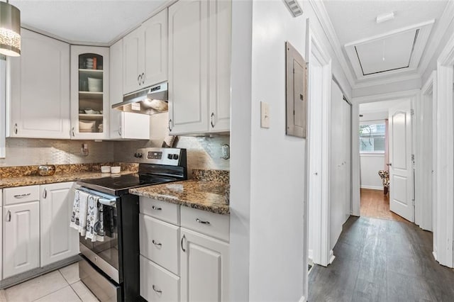 kitchen featuring white cabinets, glass insert cabinets, stainless steel electric stove, electric panel, and under cabinet range hood