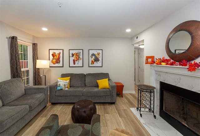 living room with a premium fireplace and light hardwood / wood-style floors