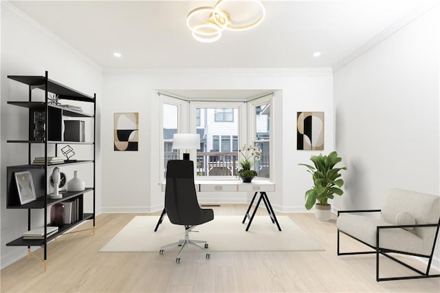 office space with baseboards, ornamental molding, recessed lighting, and wood finished floors