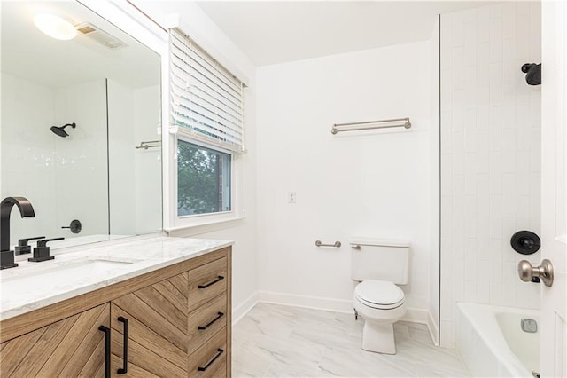 bathroom featuring shower / bathing tub combination, visible vents, vanity, toilet, and marble finish floor
