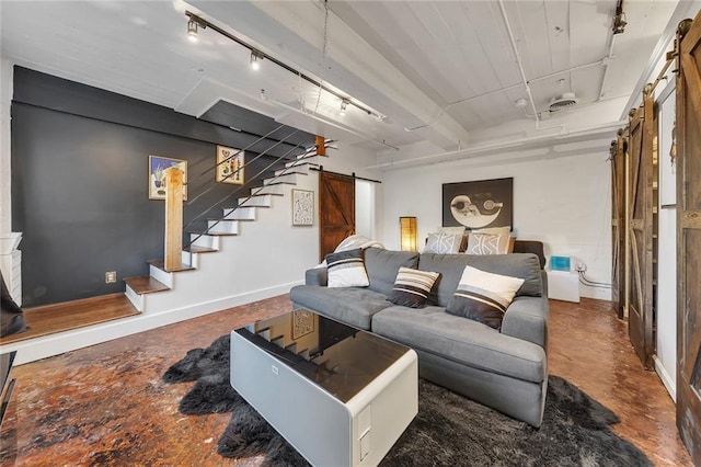 living room featuring a barn door and track lighting