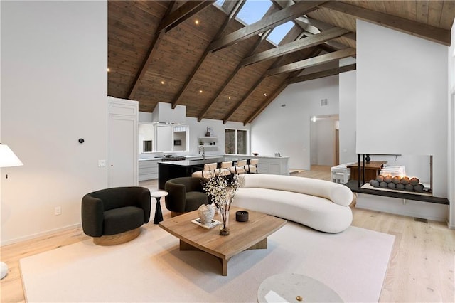 living room featuring beam ceiling, high vaulted ceiling, wood ceiling, and light wood-type flooring