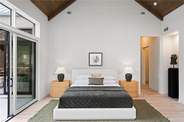 bedroom with access to exterior, light hardwood / wood-style flooring, high vaulted ceiling, and wooden ceiling