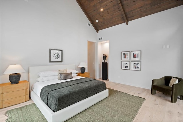 bedroom with hardwood / wood-style floors, wood ceiling, beamed ceiling, and high vaulted ceiling