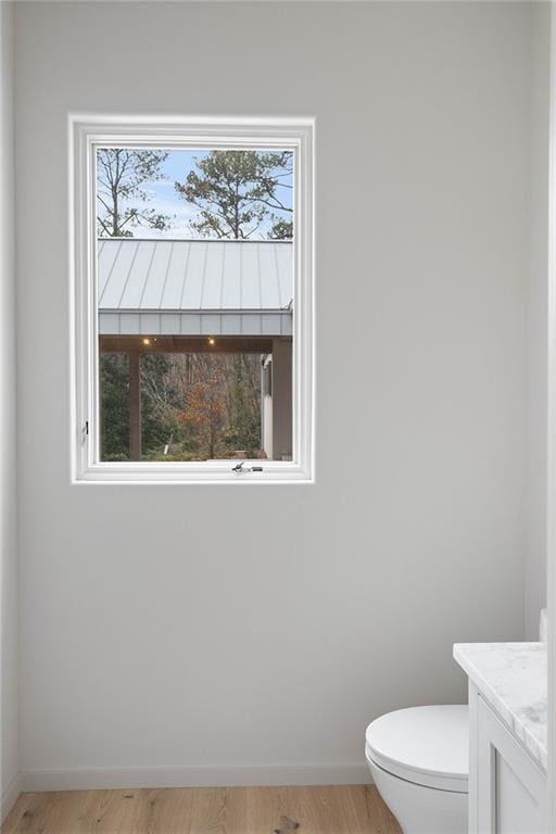 bathroom with hardwood / wood-style flooring, vanity, and toilet