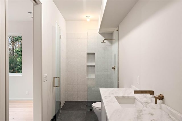 bathroom featuring vanity, a shower with shower door, and toilet