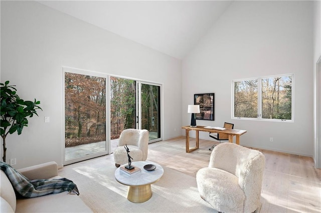 sitting room featuring a wealth of natural light, high vaulted ceiling, and light hardwood / wood-style floors