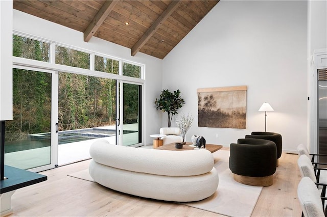 living room with beam ceiling, light wood-type flooring, high vaulted ceiling, and wood ceiling