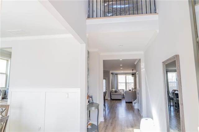 hallway with a decorative wall, wood finished floors, wainscoting, and ornamental molding