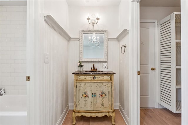 bathroom with hardwood / wood-style flooring and vanity