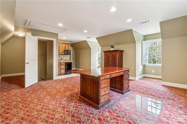 220 Spring Branch Dr, Canton, GA 30115 - unfurnished office featuring light colored carpet, baseboards, lofted ceiling, recessed lighting, and attic access