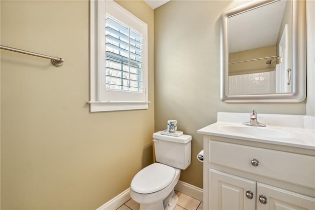 bathroom with tile patterned flooring, vanity, toilet, and walk in shower