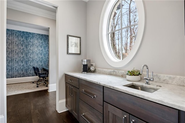 interior space with vanity and hardwood / wood-style floors