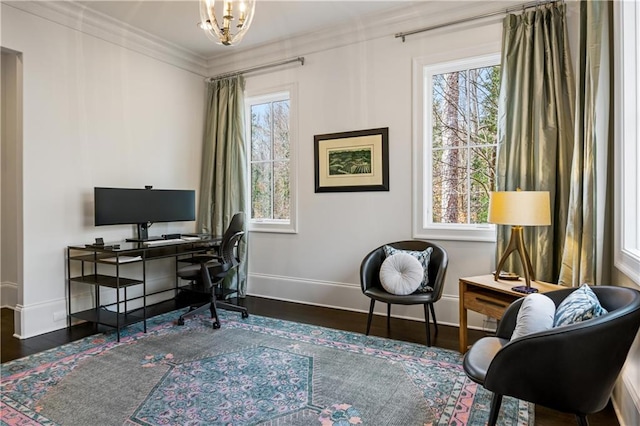 office area with an inviting chandelier, crown molding, and dark hardwood / wood-style floors