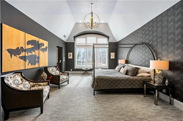 bedroom with an inviting chandelier, high vaulted ceiling, and carpet floors