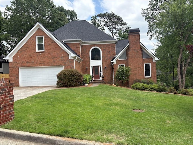 1703 Brandywine Ct, Atlanta, GA 30338 - traditional-style house featuring a chimney, an attached garage, driveway, and a front lawn