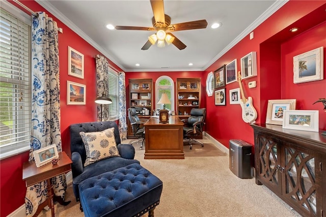 1703 Brandywine Ct, Atlanta, GA 30338 - carpeted office space featuring plenty of natural light, recessed lighting, ceiling fan, ornamental molding, and baseboards