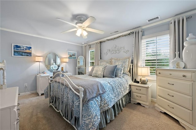 1703 Brandywine Ct, Atlanta, GA 30338 - bedroom featuring light carpet, multiple windows, baseboards, ornamental molding, and a ceiling fan
