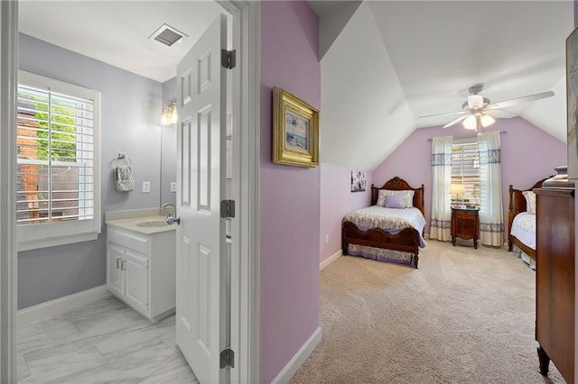 1703 Brandywine Ct, Atlanta, GA 30338 - bedroom with a sink, lofted ceiling, baseboards, light marble finish flooring, and a ceiling fan