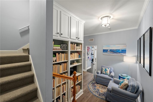 1703 Brandywine Ct, Atlanta, GA 30338 - living area with crown molding, dark wood-type flooring, and stairs