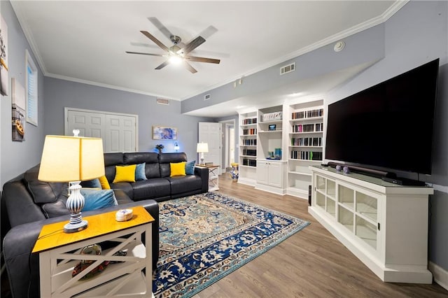 1703 Brandywine Ct, Atlanta, GA 30338 - living area featuring ceiling fan, ornamental molding, wood finished floors, and baseboards