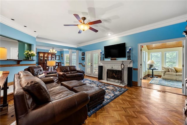 1703 Brandywine Ct, Atlanta, GA 30338 - living room featuring a chandelier, a ceiling fan, ornamental molding, a fireplace, and baseboards
