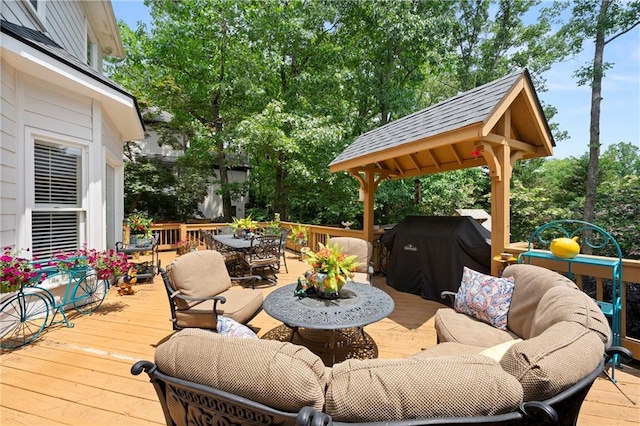 1703 Brandywine Ct, Atlanta, GA 30338 - wooden terrace with an outdoor hangout area, outdoor dining space, view of scattered trees, and a grill